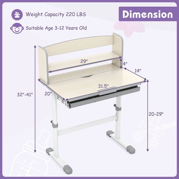 dimension image slide 0 of 3, Costway Kids Study Desk with 7-Level Tiltable Desktop Adjustable - See Details