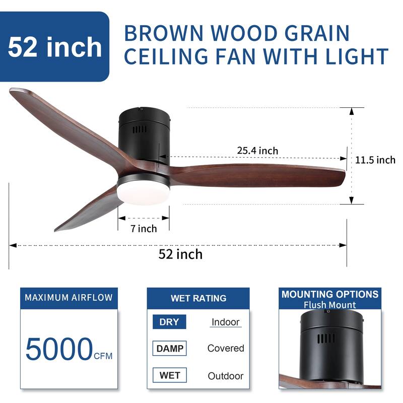 YUHAO SylvanAir Modern 52 in. Flush Mount Outdoor/Indoor Ceiling Fan with 3 Solid Wood Blades and DC Reversible Motor