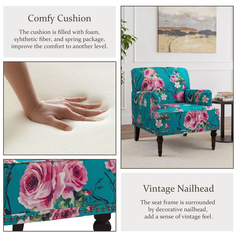 Striped Upholstered Linen Armchair with Brass Nailhead Trim