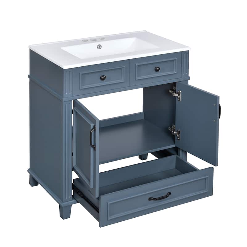 Roomfitters 30" Bathroom Vanity with Ceramic Sink, Solid Wood Cabinet, Soft Closing Doors, Retro Style, Blue