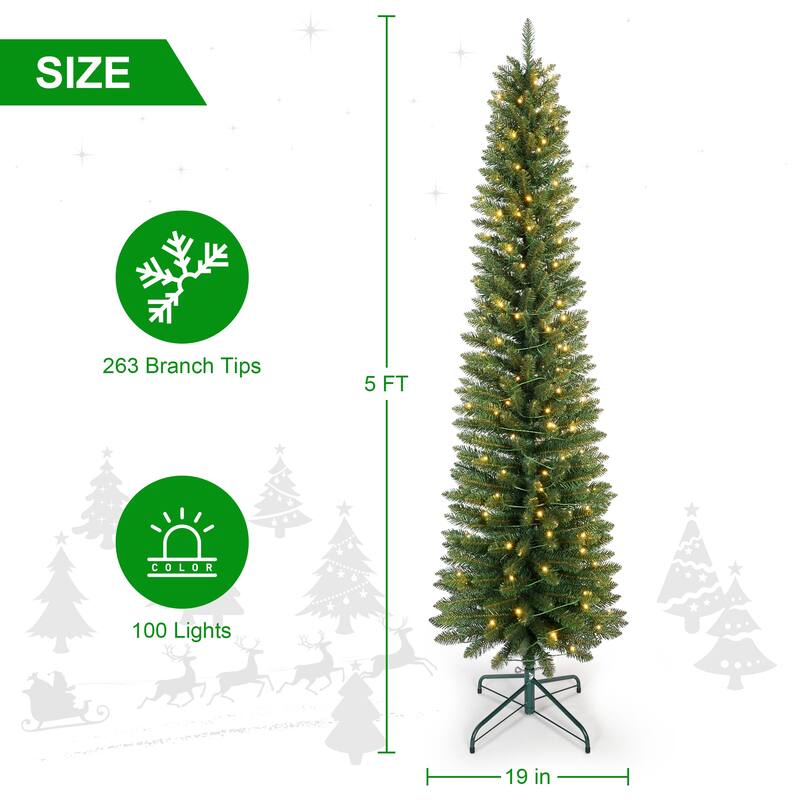 7FT Green Pencil Christmas Tree with 200 Warm White LED Lights-Slim PVC Tree with 469 Tips, Compact Design, Stable Metal Stand
