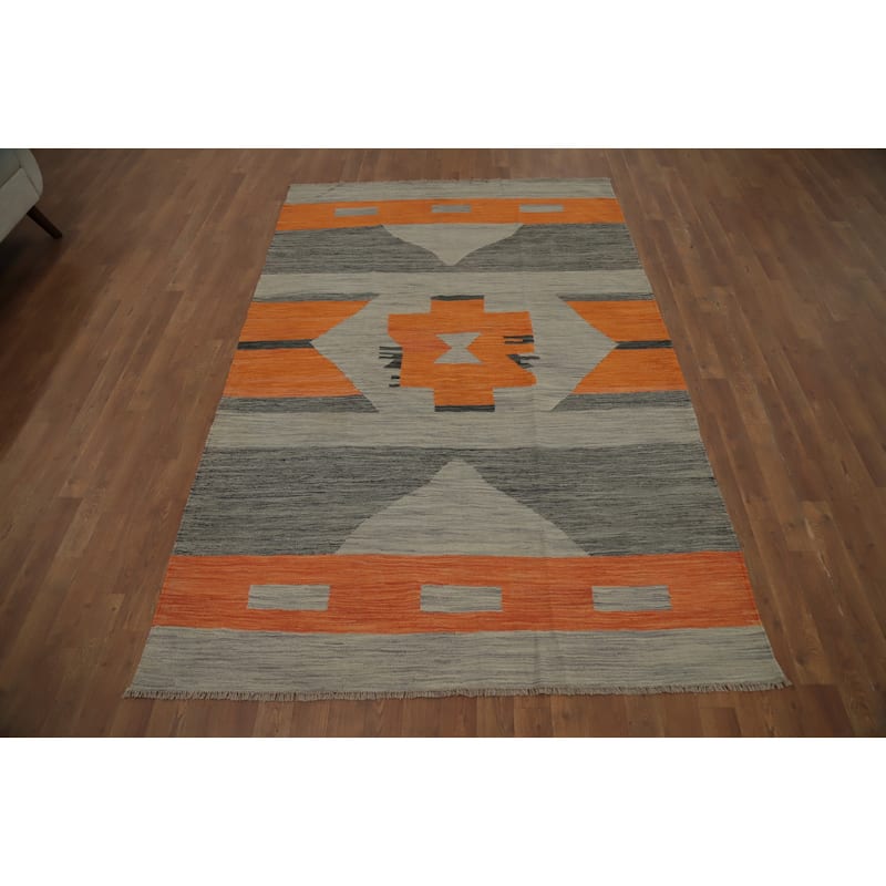 Hand Woven Oriental 100% Wool Carpet Southwestern Tribal Greys & Charcoal Kilim Area Rug - 7' 8'' X 5' 0''