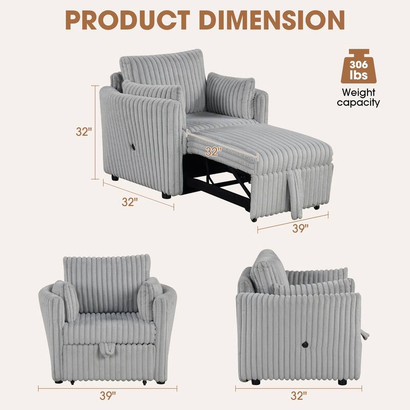 Modern Fabric Sleeper Single Sofa with USB and 2 pillows