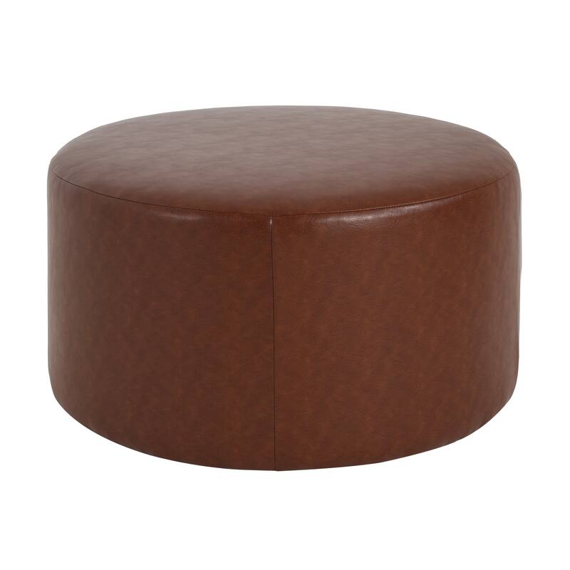 PU Leather Round Ottoman - Classic Brown Upholstered Accent Furniture