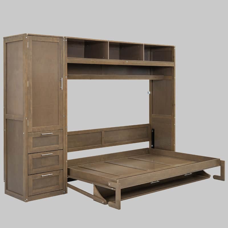 Full Murphy Bed with Wardrobe, Storage Drawers & Shelves, Foldable Space-Saving Bed - Wood - Full