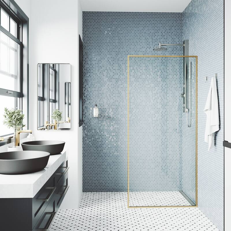 VIGO Meridian 34" W x 74" H Framed Fixed Shower Screen in Matte Brushed Gold