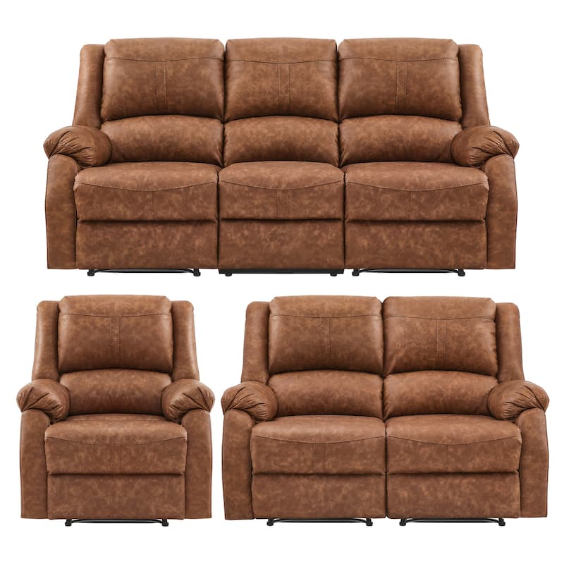 Manual 3-Piece Recliner Sofa Set, Modern Faux Leather Recliner Sofa, 3 Piece Couch Sets For Living Room
