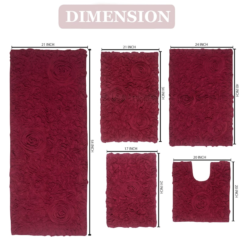 Bell Flower Collection 100% Cotton Non-Slip Bathroom Rug Set, Machine Washable Bath Rug, 5 Piece Bath Mat Set with Runner