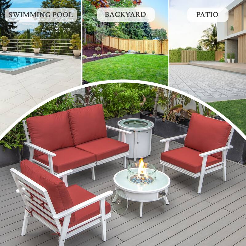 Walbrooke Modern 5-Piece Outdoor Aluminum Conversation Set of 3 Polyester Chairs, Fire Pit Table with Lid and Tank Holder