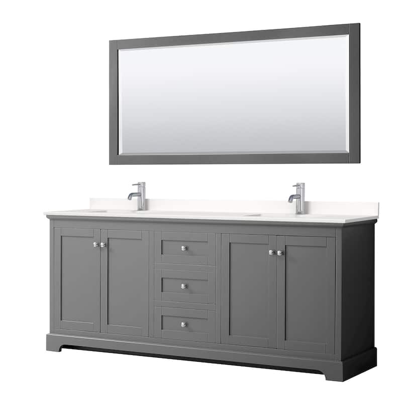 Avery 80-inch Double Vanity, Quartz Top, 70-inch Mirror - Dark Gray, Chrome Trim, White Quartz Top