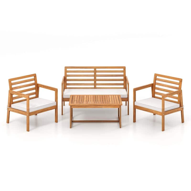 4PCS Wood Patio Conversation Set Patio Furniture Set - Off White