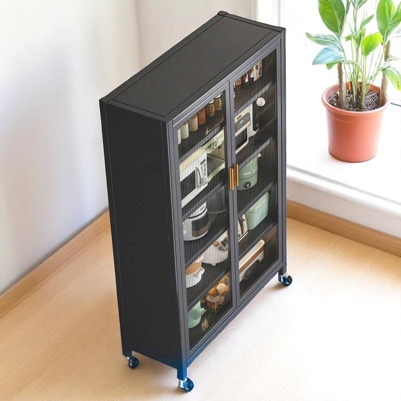 6-Tier Metal Pantry Cabinet with Transparent Doors and Wheels, Freestanding Kitchen Storage Organizer