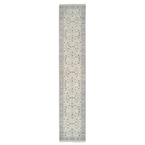 Shahbanu Rugs Ivory, Hand Knotted Nain with All Over Flower Design, 250 KPSI Wool and Silk, Runner Oriental Rug (2'7" x 14'0")
