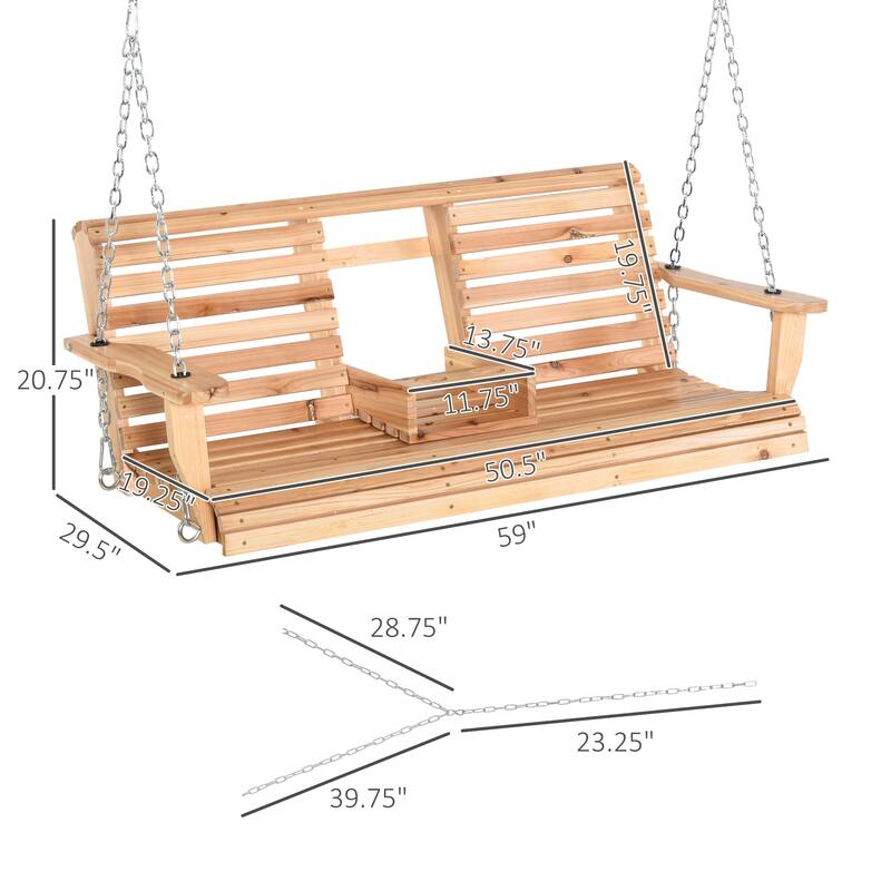 Wood Swing Bench with Folding Coffee Table, Cup Holders and Chains