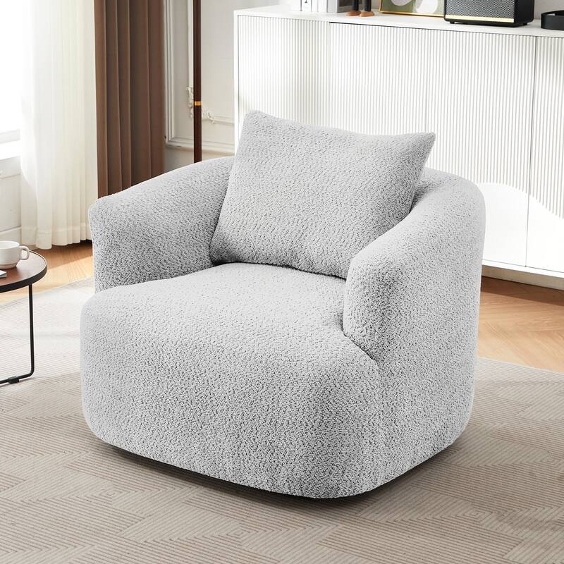 Roomfitters Modern 360 Degree Swivel Barrel Accent Chair with Pillow, Soft Boucle Fabric, Light Gray