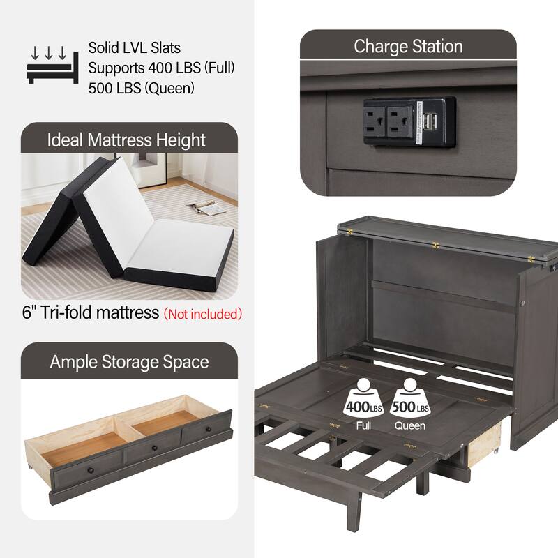 Solid Pine Murphy Bed Chest Cube Cabinet Bed with Charging Station and Large Storage Drawer