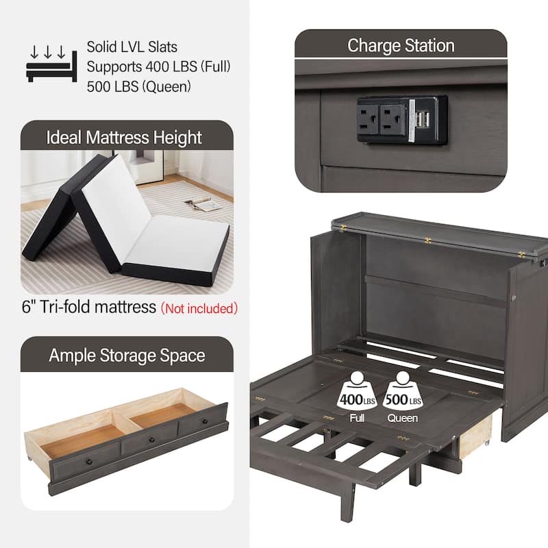 Solid Pine Wood Murphy Bed Chest Cube Cabinet Bed with Charging Station and Large Storage Drawer