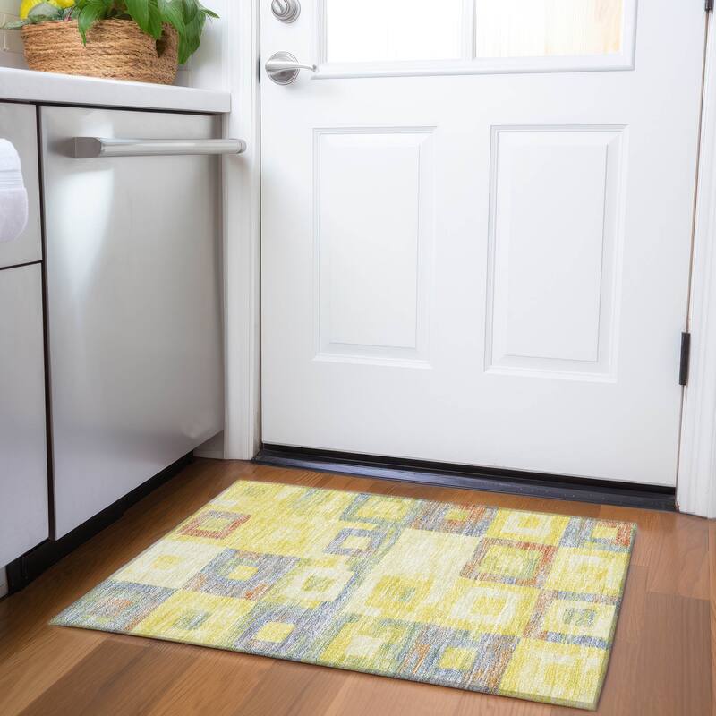 Machine Washable Indoor/ Outdoor Contemporary Blocks Chantille Rug - Yellow - 1'8" x 2'6"