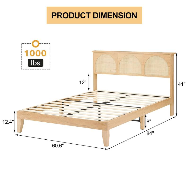 Bed Frame with Natural Rattan Headboard