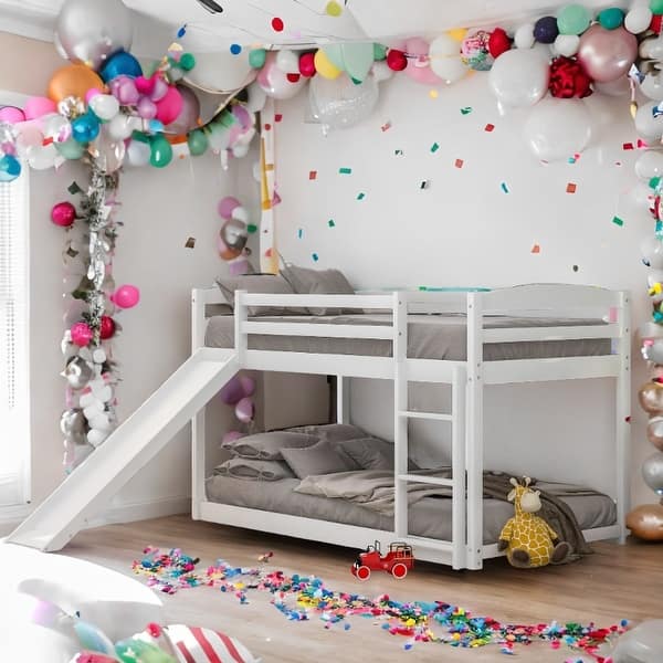 slide 2 of 31, Low Bunk Beds with Ladder,Twin over Twin Bunk Bed with Convertible Slide and Ladder White