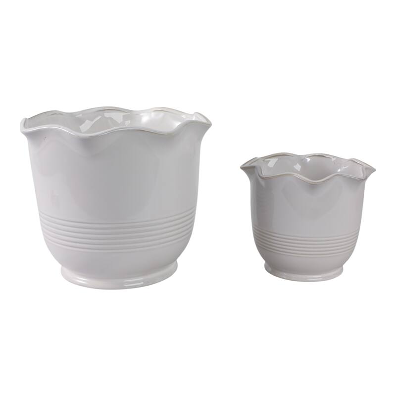 Ceramic Planter Ruffle Edge Home Garden Use (Set of 2) - 10", 7" Ivory - 11" x 11" x 9.5"