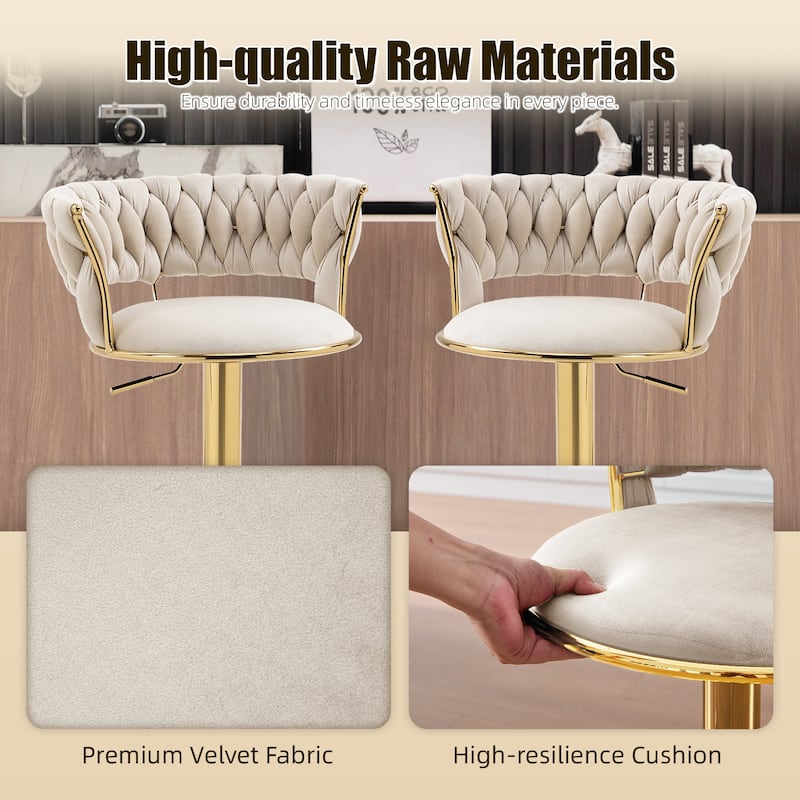 HOMEFUN Velvet Adjustable Height Swivel Armless Bar Stools With Golden Footrest(set of 2)