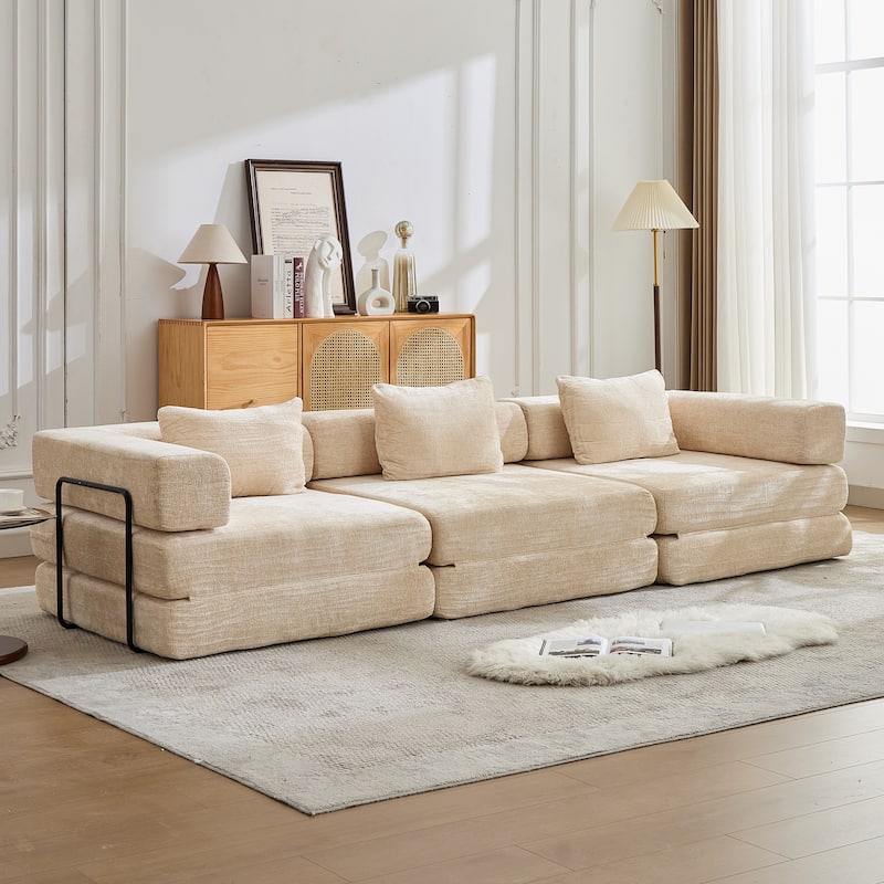 Free Combination Lazy Folding Sectional Sofa Chenille Modular Sleeper Sofa Bed Floor Standing Compression Mattress - Beige