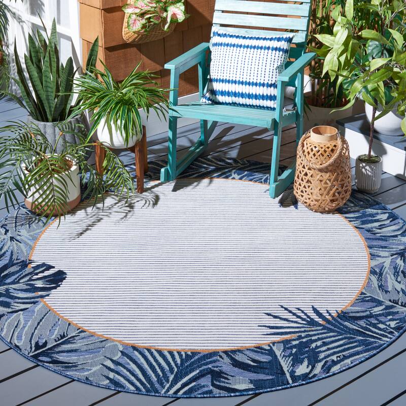 SAFAVIEH Cabana Raluca Indoor/ Outdoor Tropical Border Rug - 6'5" Round - Ivory/Navy