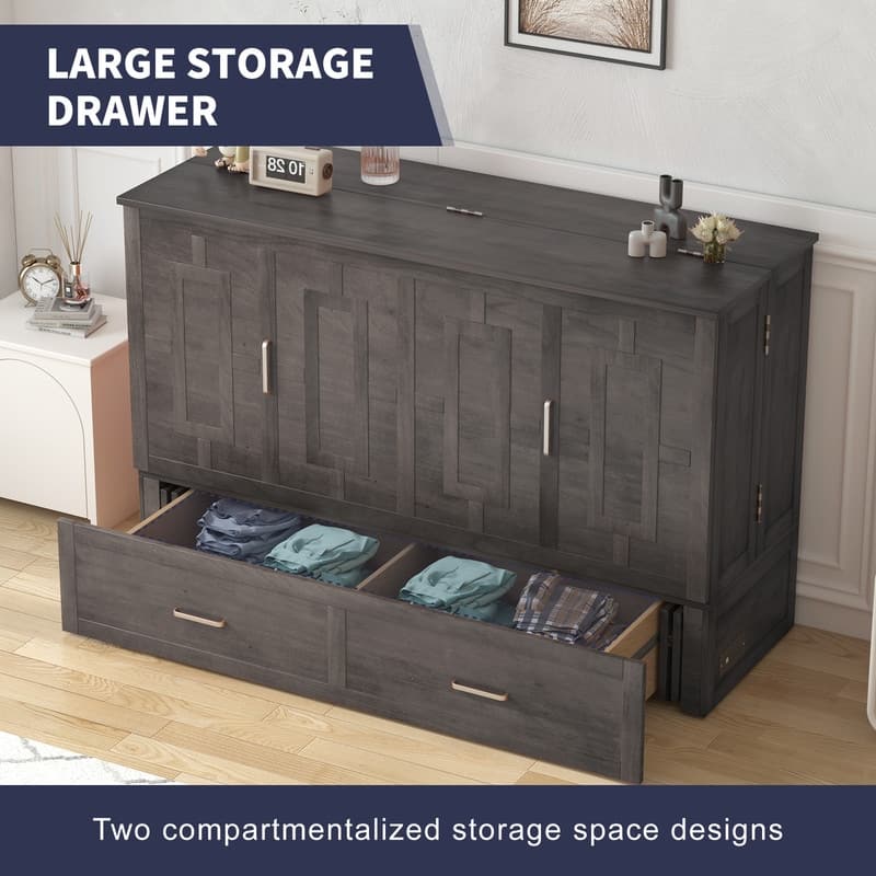 Mixoy Modern Murphy Bed Chest with Mattress,Storage Drawer,Charging Station