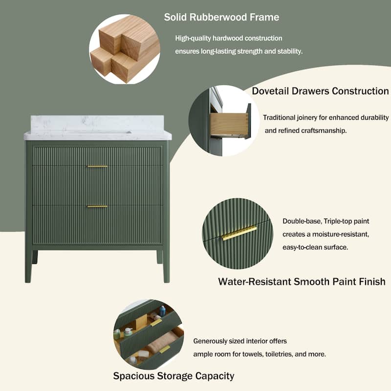 Modland 36" Freestanding Bathroom Vanity with Carrara Marble Top, Soft-Close Drawers, Fully Assembled, Green/Grey - 36 inch