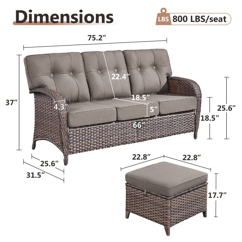 TWrap Brown Wicker Patio 3-Piece Sofa Set with 5-Inch Thick Cushions and 2 Ottomans
