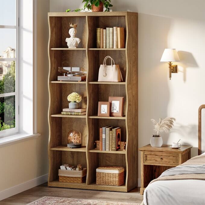 70.86" 5-Tier Bookshelf, 10 Storage Cubes Bookcase with Wave-Design