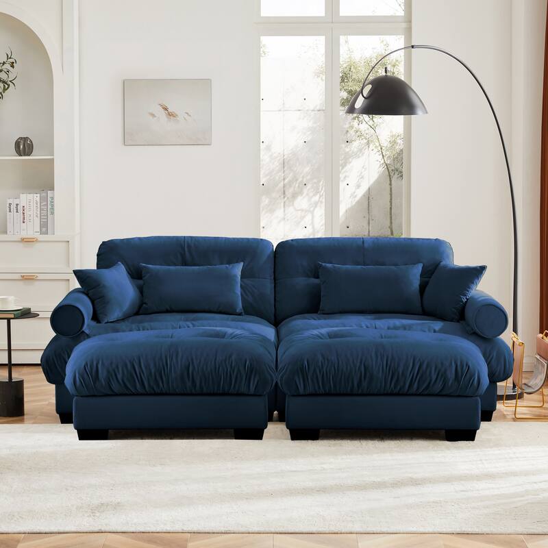 93.7" Velvet 2-Seater Sectional Sofa with Ottoman & Pillows