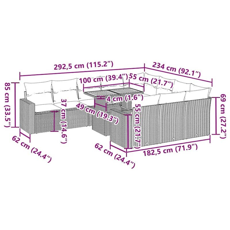 vidaXL Patio Sofa Set with Cushions Lounge Furniture Set 11 Piece Poly Rattan - 21.7 x 39.4 x 28.7
