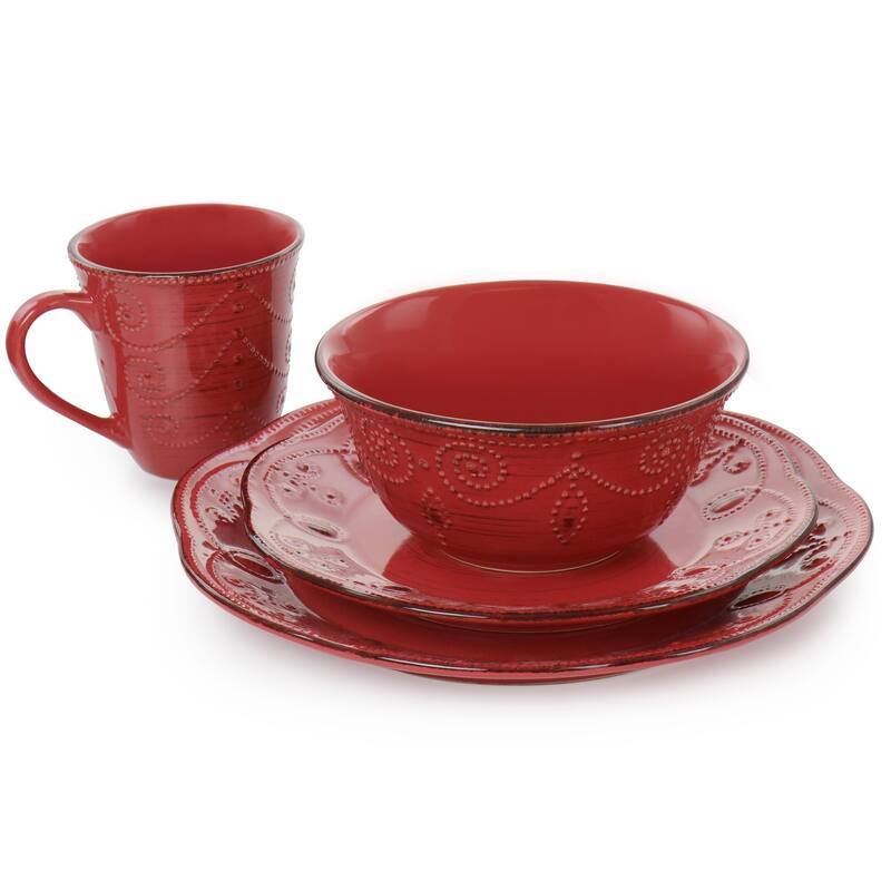 Elama Rustic Birch 16 Piece Stoneware Dinnerware Set in Red