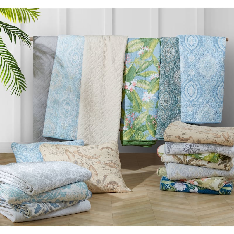 Tommy Bahama Tropical Orchid Green Cotton Reversible Quilt Set