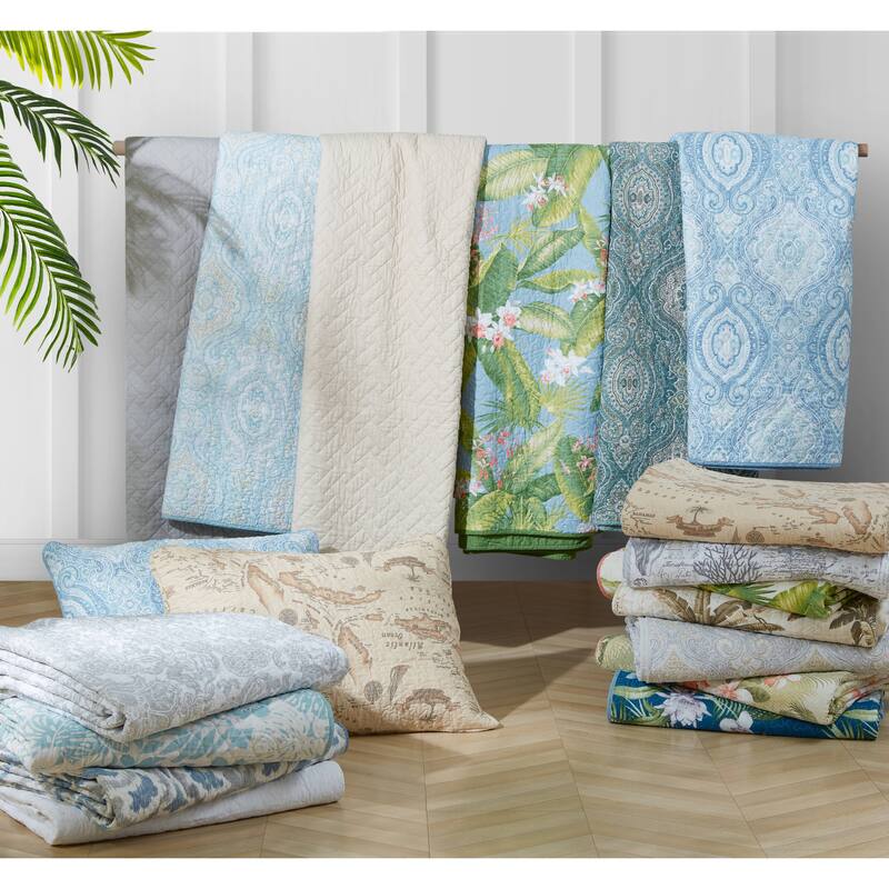 Tommy Bahama Tropical Orchid Green Cotton Reversible Quilt Set