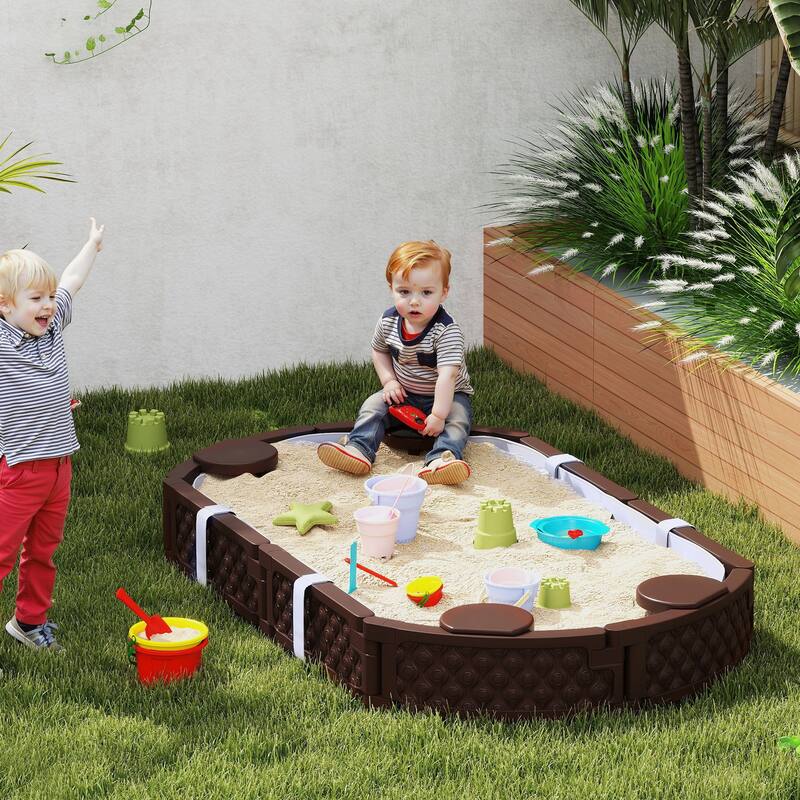 Dark Brown HDPE Outdoor Kids Sandbox with Seats and Weather Cover - 70.9" L x 42.1" W x 8.7" H - Dark Brown