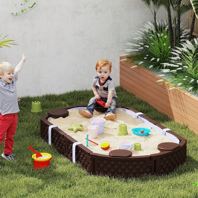 Dark Brown HDPE Outdoor Kids Sandbox with Seats and Weather Cover - 70.9" L x 42.1" W x 8.7" H