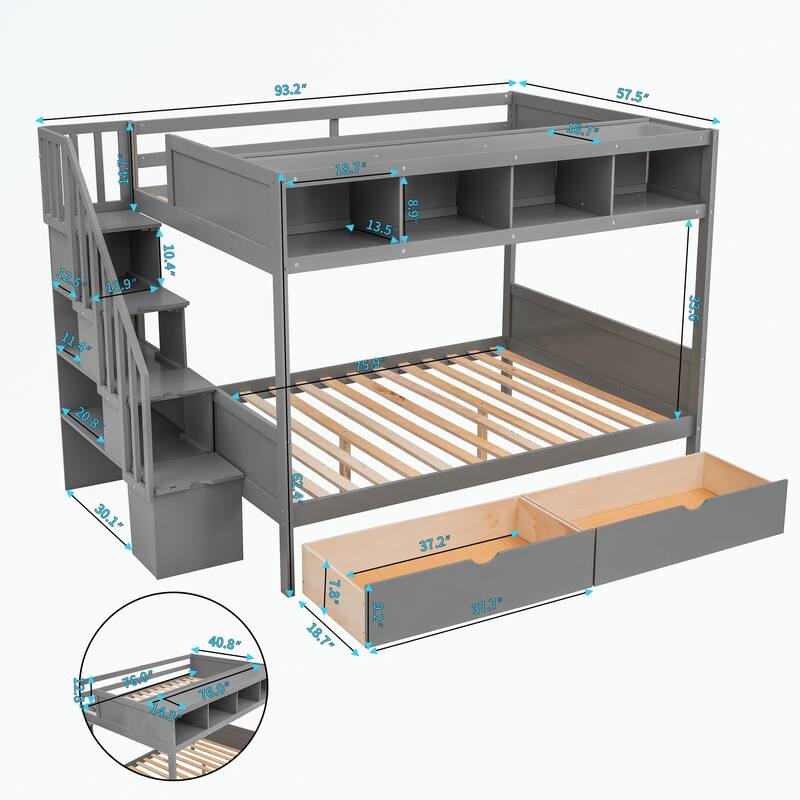 Twin over Full Bunk Bed with Shelfs, Storage Staircase and 2 Drawers