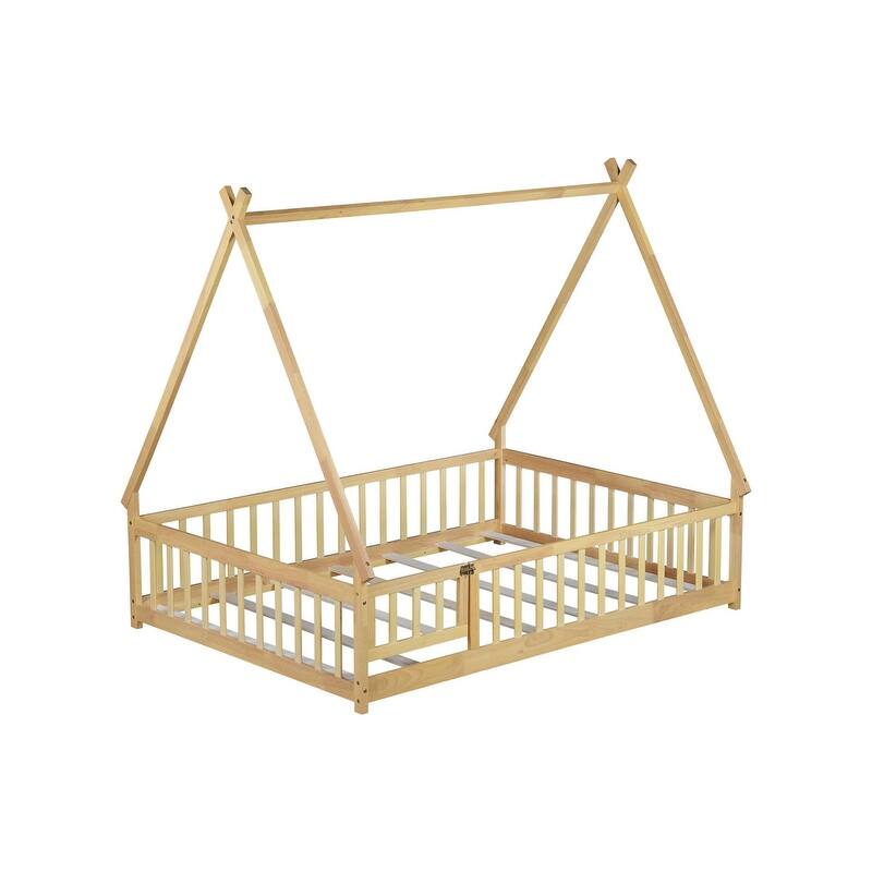 Full Size Rubber Wood Tent-shaped Floor Bed with Guardrails,Slats and Door