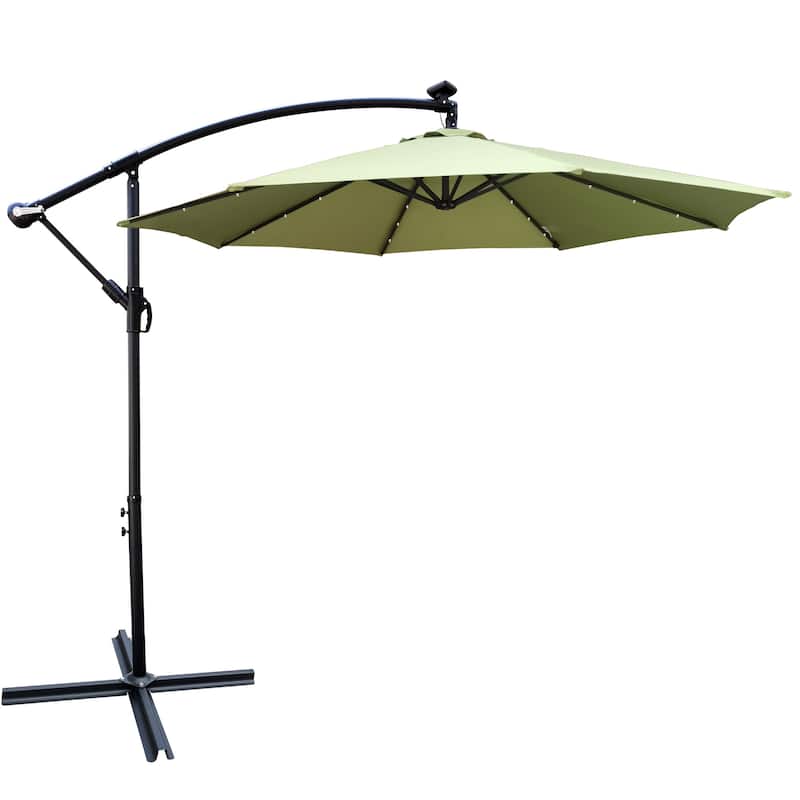 10ft Outdoor Patio Umbrella Solar LED Sun Shade Market W/ Crank & Base