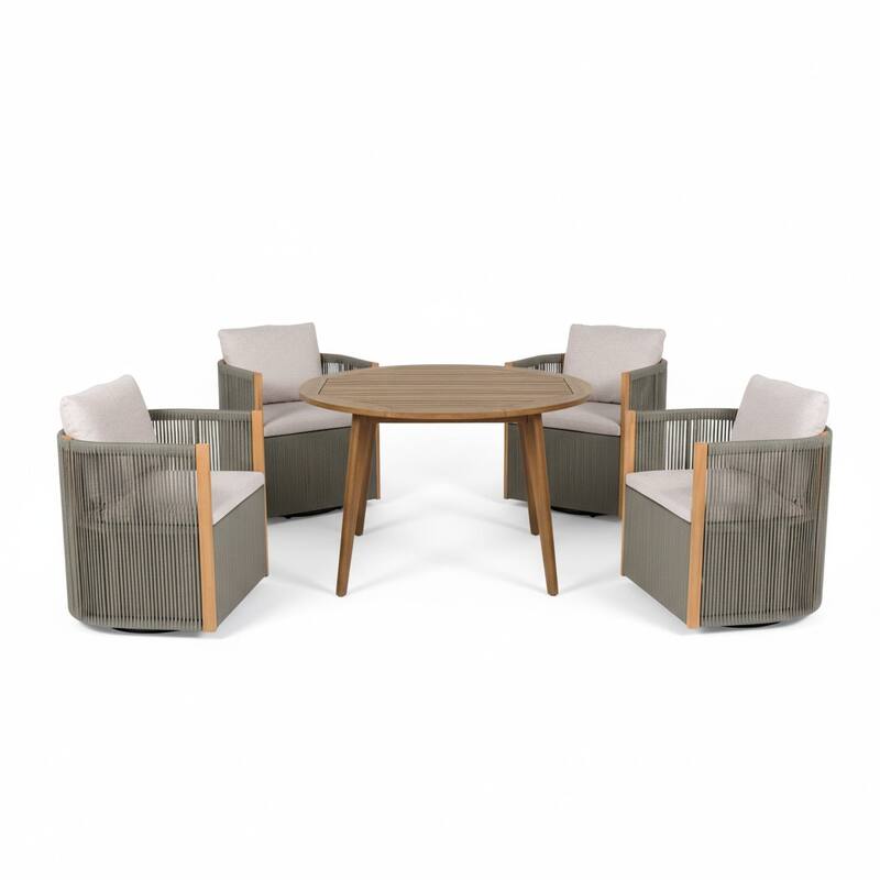 Christopher Knight Home - Nola 5-Piece Outdoor Acacia Wood Swivel Dining Set with Woven Rope Chairs & 47.25" Round Slat Table