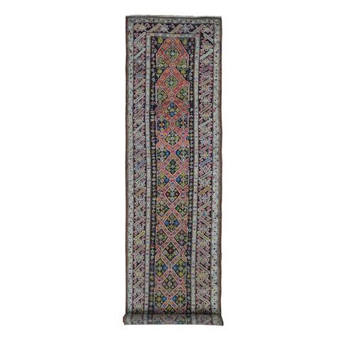 Shahbanu Rugs Antique Caucasian Runner High KPSI, Good Condition with Greens Hand Knotted Chocolate Brown Wool Rug (3'1"x14'3")