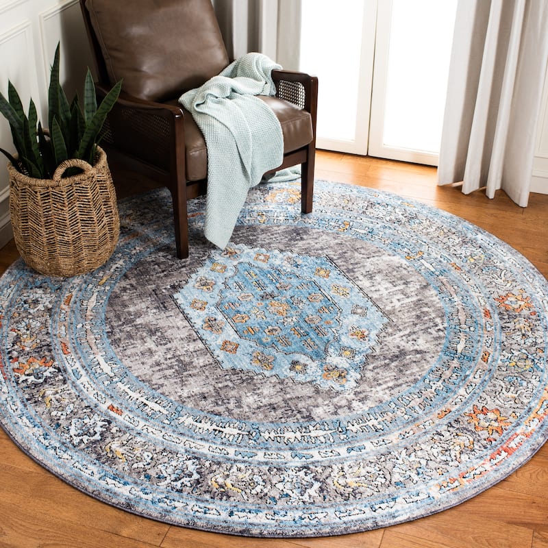 SAFAVIEH Bristol Atsuko Vintage Oriental Polyester Rug - 7' Round - Grey/Blue