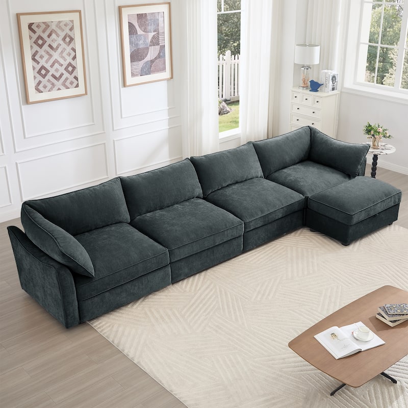 L-Shaped 4-Deep Seater Sectional Sofa Couch with 1 Movable Storage Ottoman & Pull out Drawers Under Each Seat - Grey