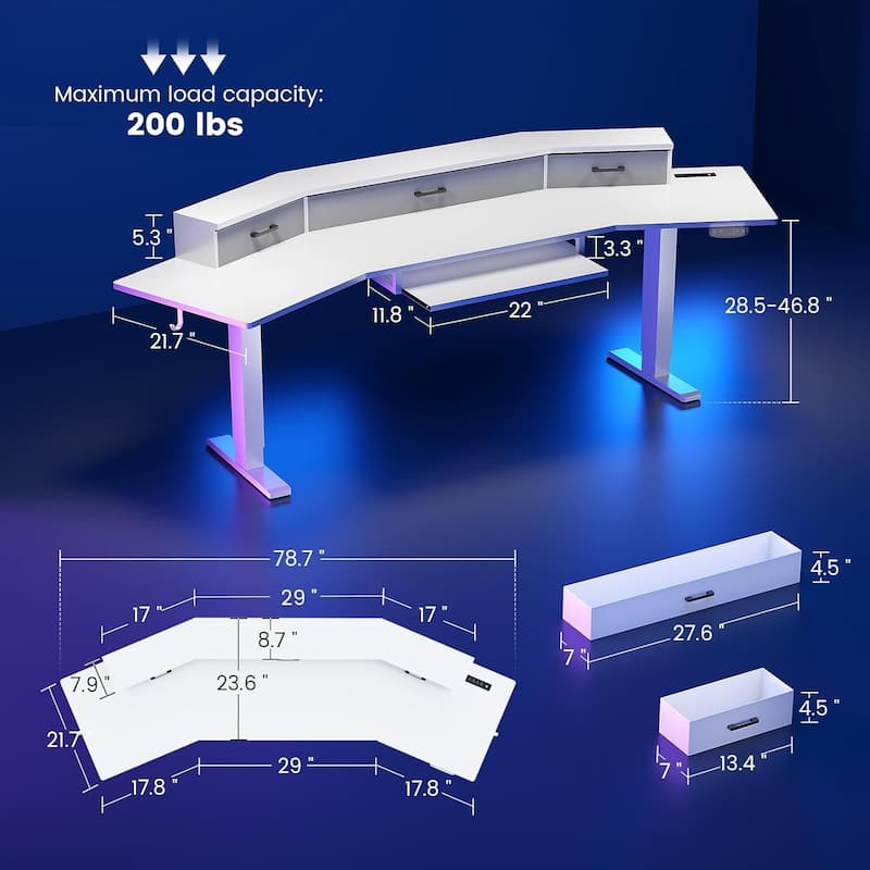 79'' Electric Standing Gaming Desk Drawers Computer Desk Power Outlet Keyboard Tray