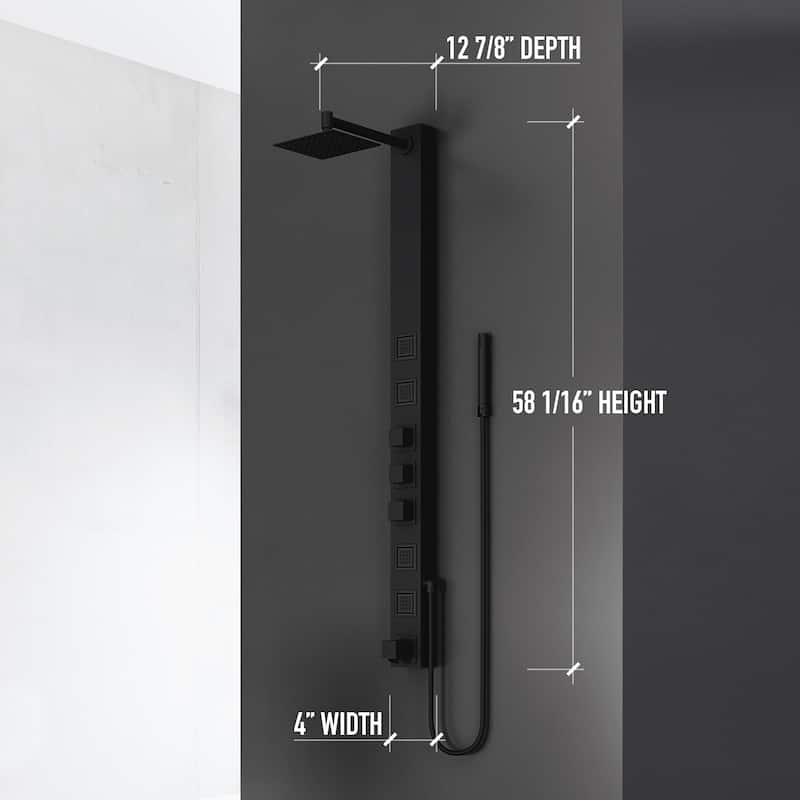 VIGO Bowery 58" H x 4" W 4-Jet Shower Panel with Square Shower Head and Tub Filler