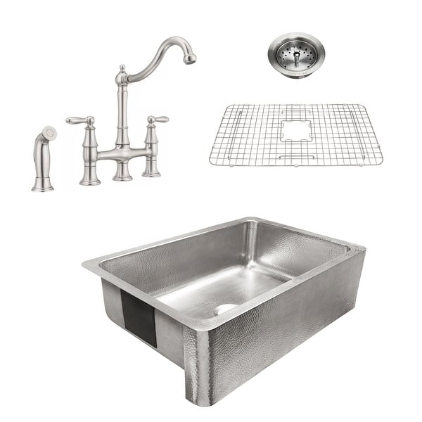 slide 1 of 1, Percy Apron-Front Brushed Stainless Steel 32 in. Single Bowl Kitchen Sink with Pfister Stainless Bridge Faucet All-in-One Kit
