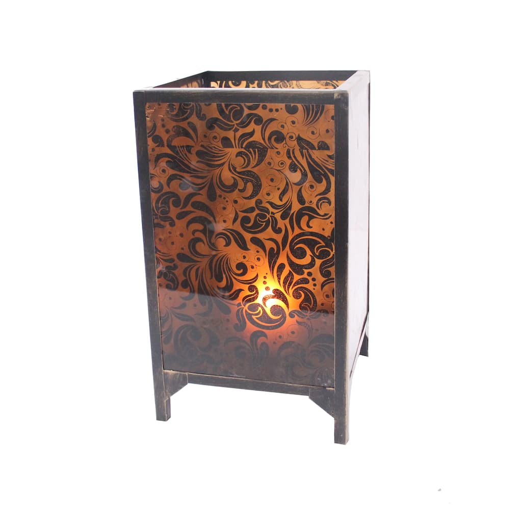 Cuboidal Metal and Glass Filigree Candleholder, Black and Clear